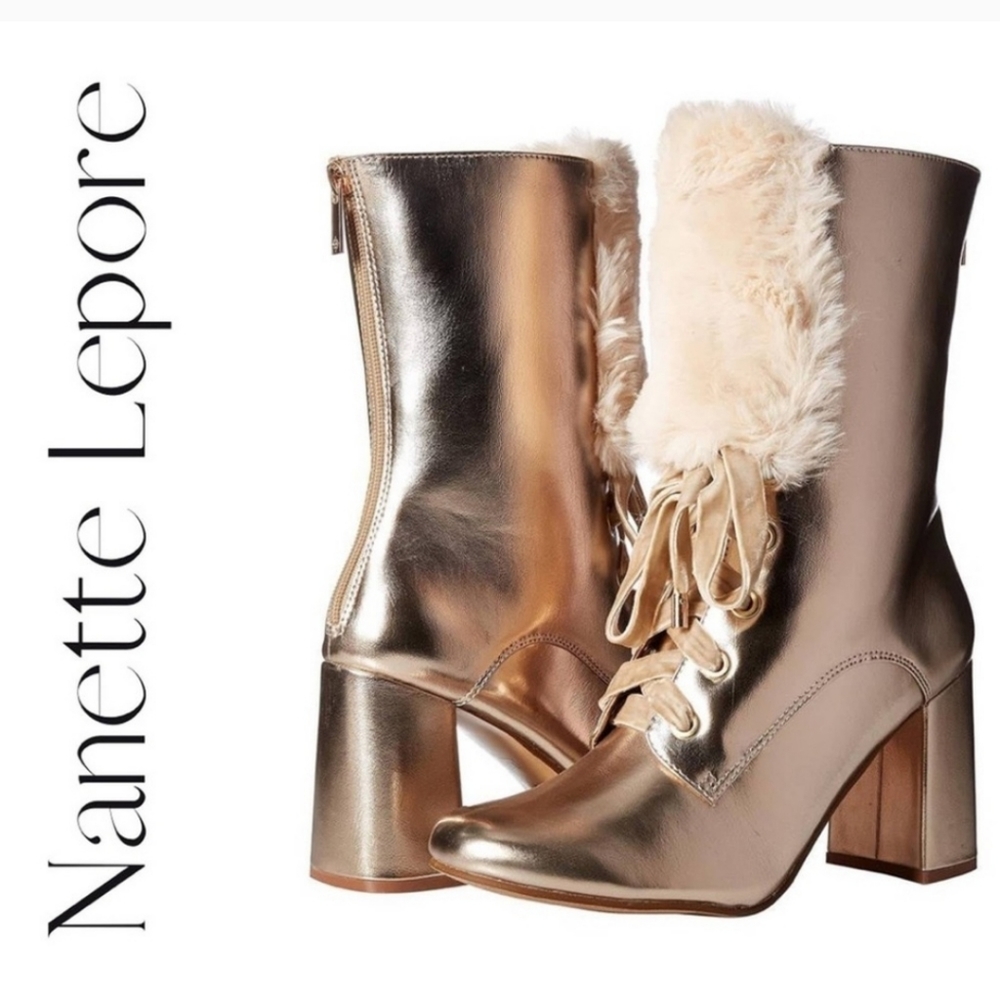 Nanette Lepore Gold Ankle Boots with Cream Fur